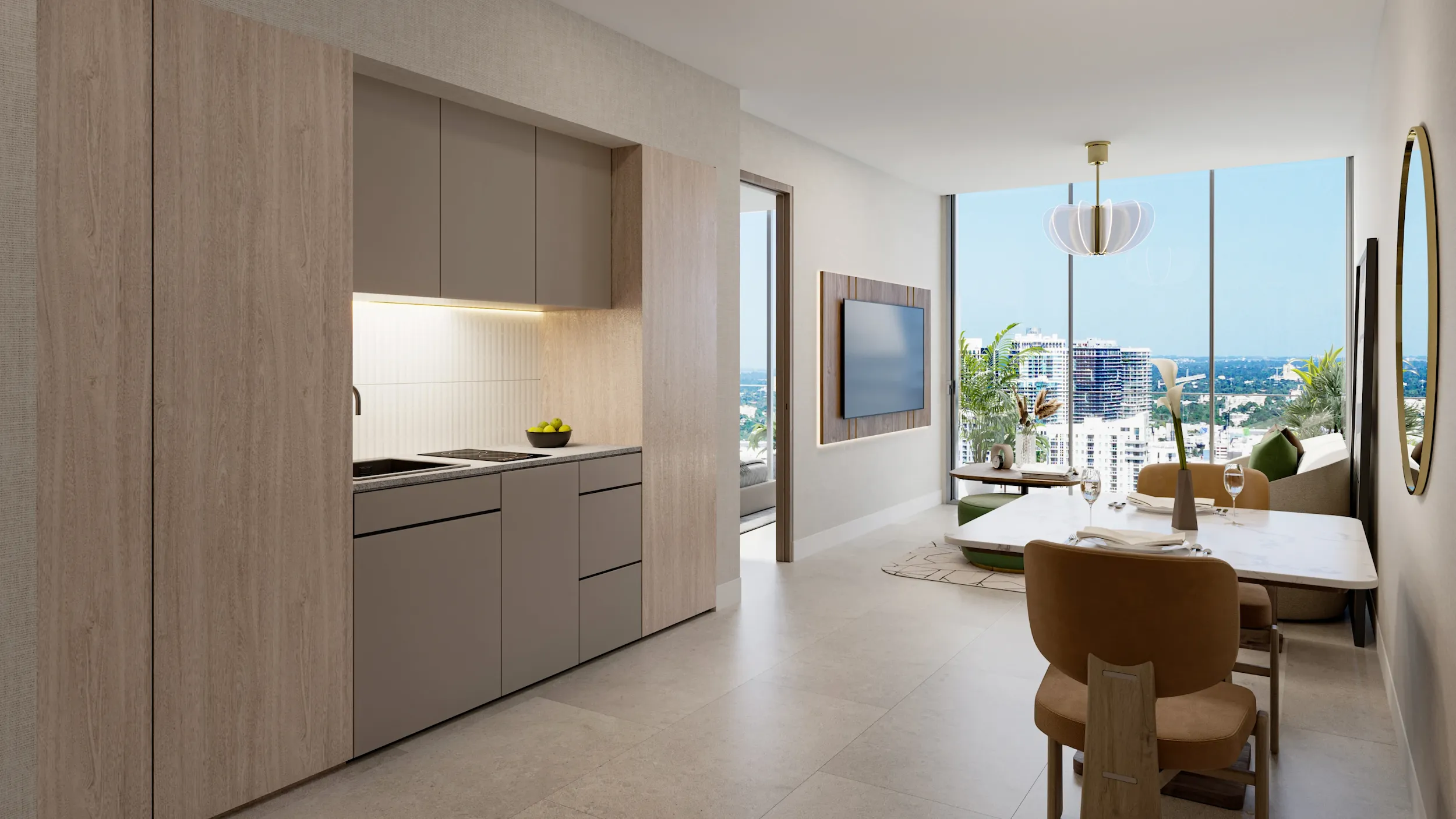 Open kitchen and living space with contemporary design at Edge House Miami.