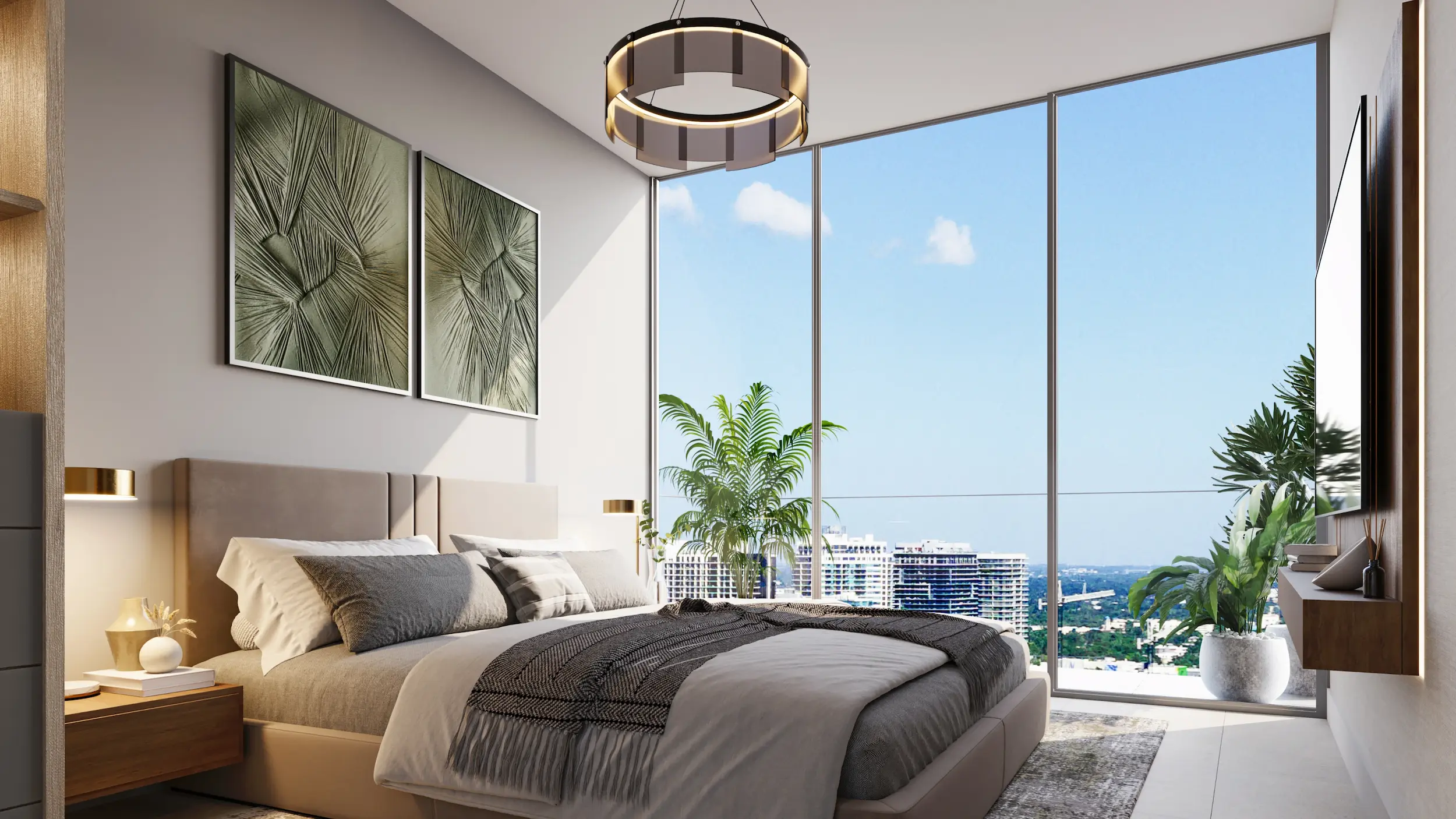 Bedroom with large windows, natural light, and tropical views at Edge House Miami.