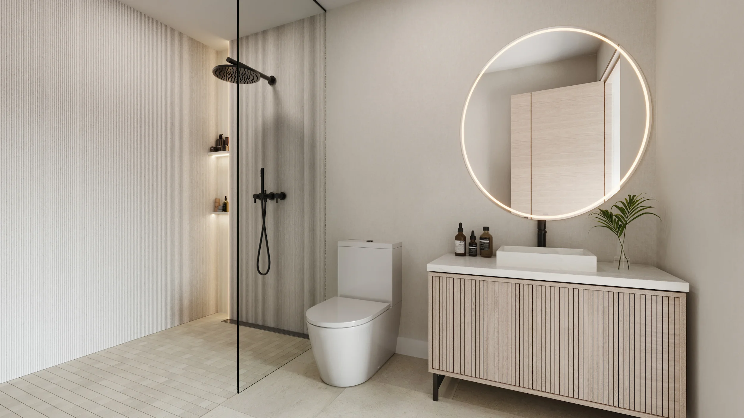 Luxury bathroom with walk-in shower and modern vanity at Edge House Miami.