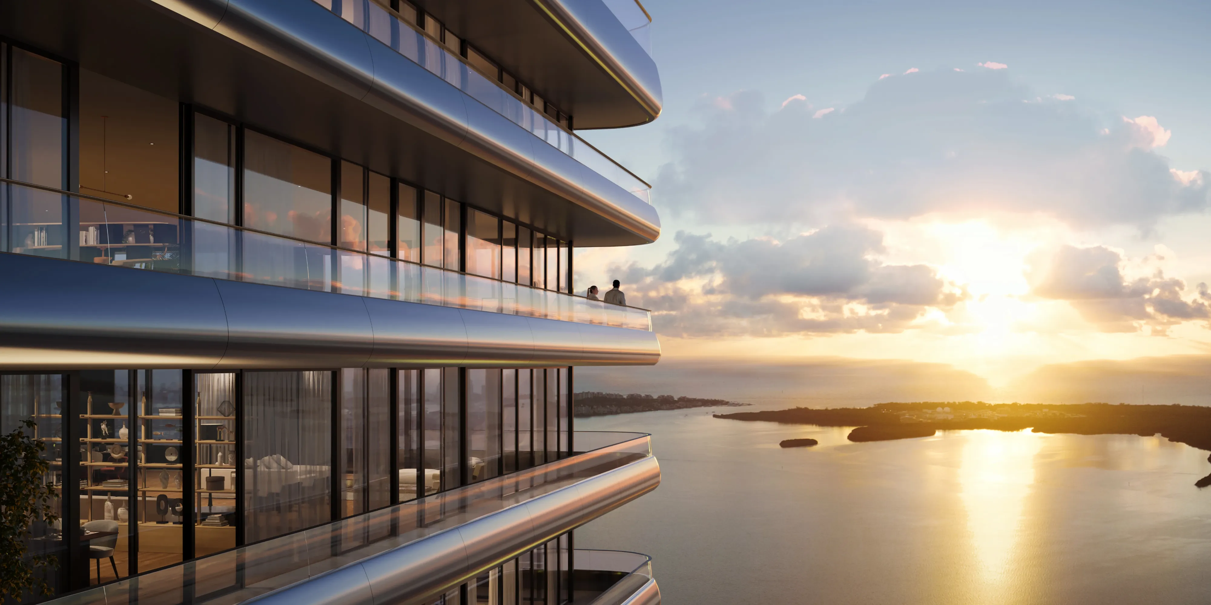 Luxury waterfront terrace at Mercedes-Benz Places Miami featuring infinity pool and panoramic skyline views