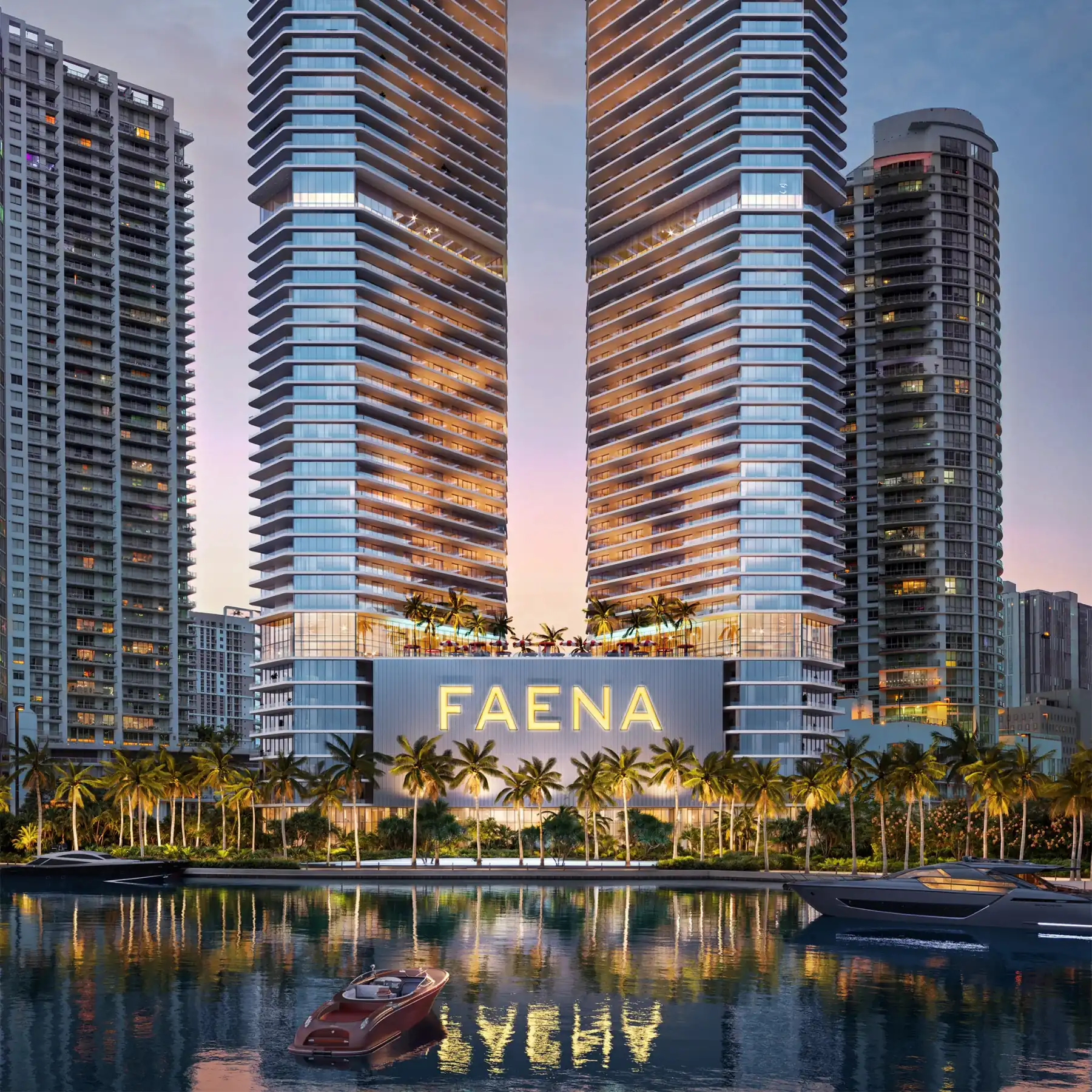 Faena Residences Miami riverfront towers at sunset, exterior architectural view.