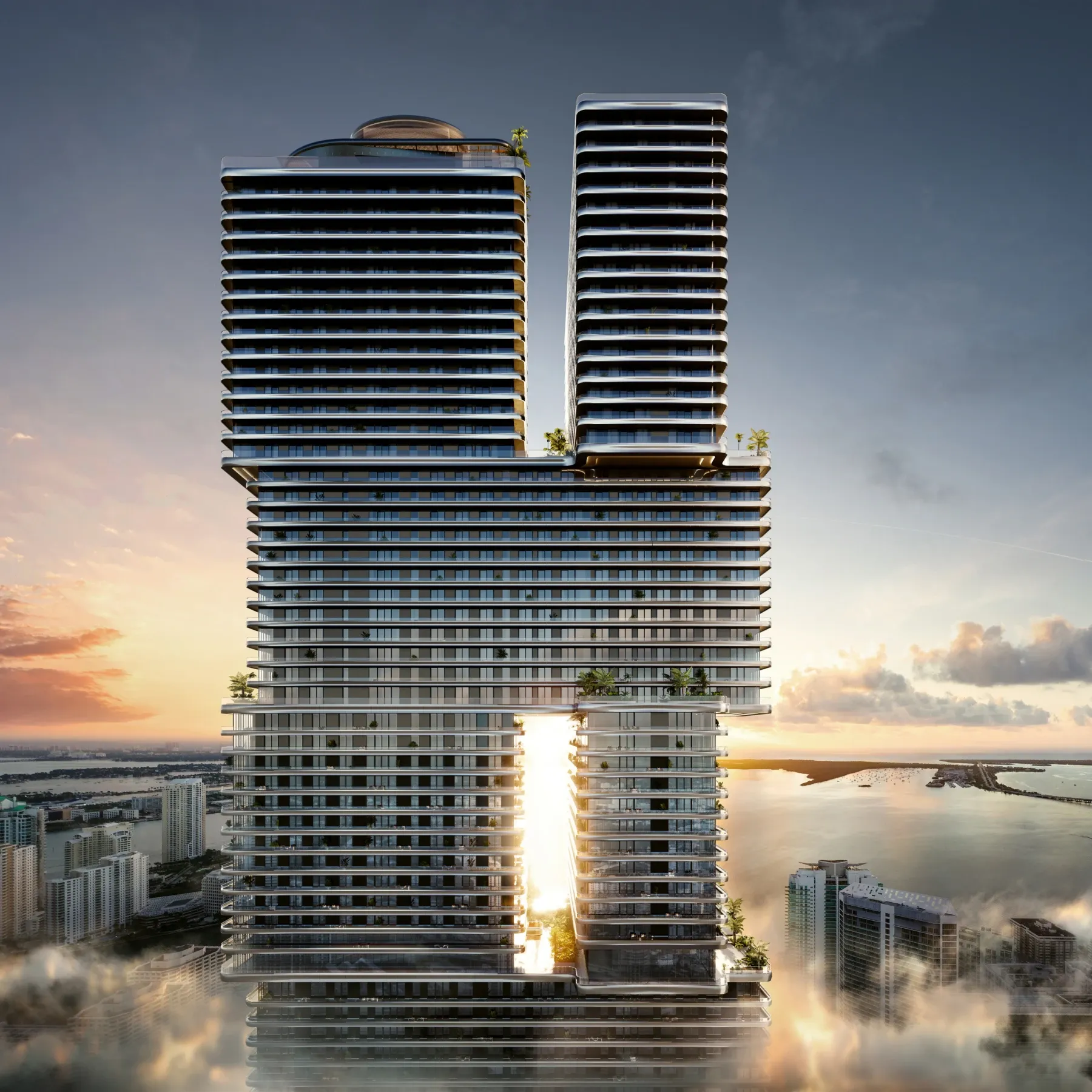 Mercedes-Benz Places Miami tower in Brickell with sunrise lighting, luxury high-rise architecture and bayfront skyline views.