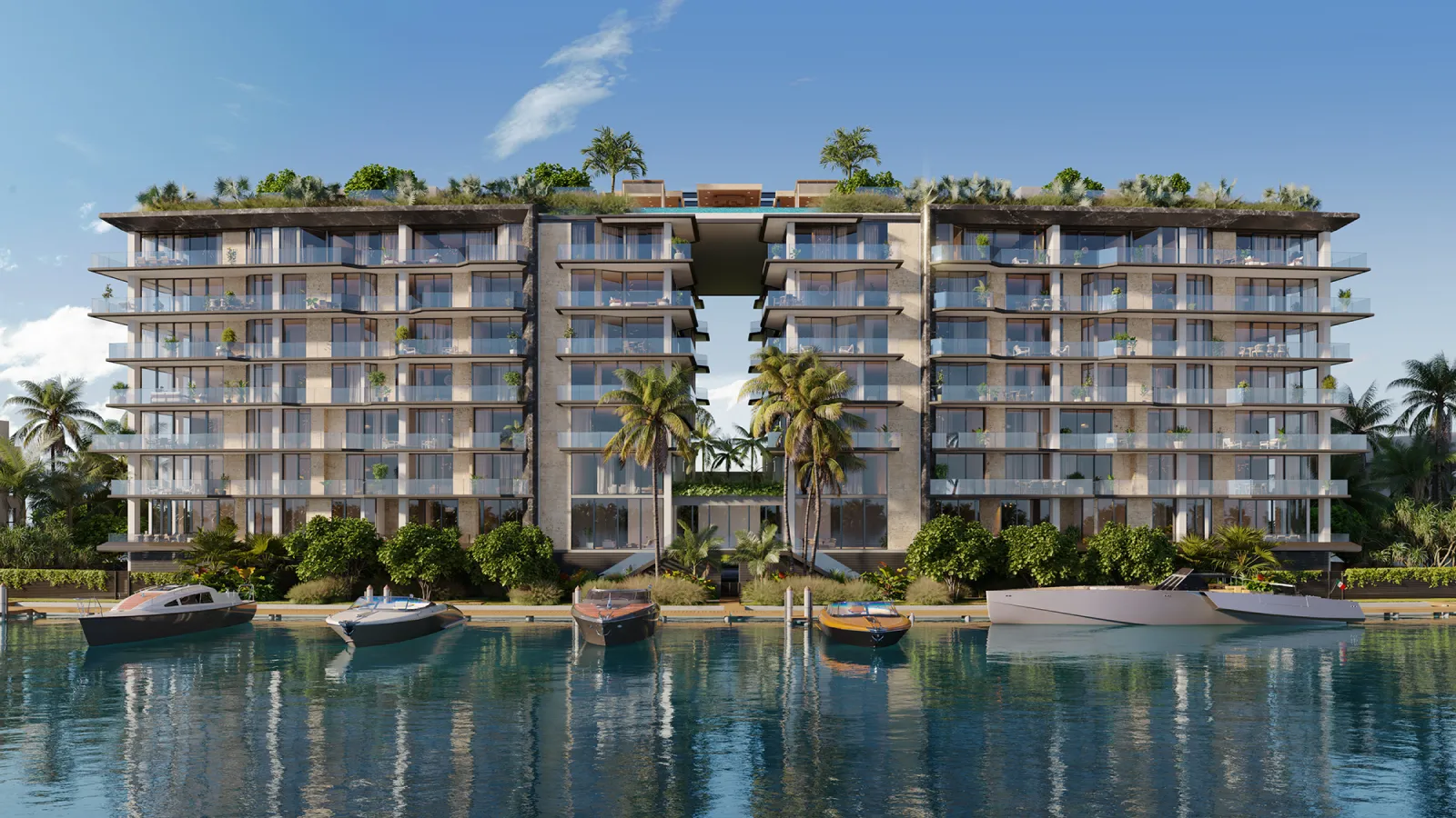 Waterfront rendering of Bay Harbor Towers with glass balconies overlooking Biscayne Bay in Bay Harbor Island, Miami, Florida.