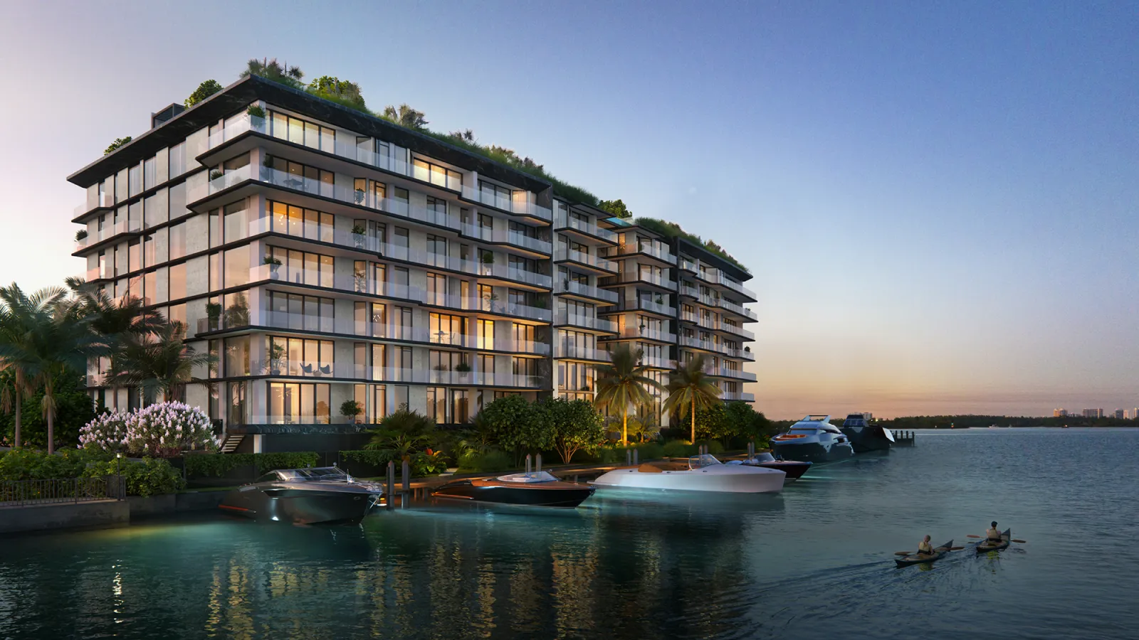 Waterfront rendering of Bay Harbor Towers condominium with glass balconies and marina boat slips on Biscayne Bay in Bay Harbor Island, Miami, Florida.