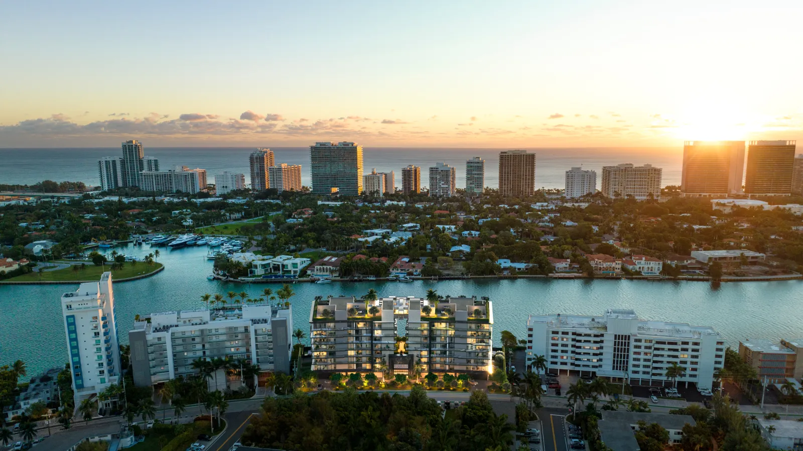 Bay Harbor Towers waterfront condo rendering at twilight in Bay Harbor Island Miami