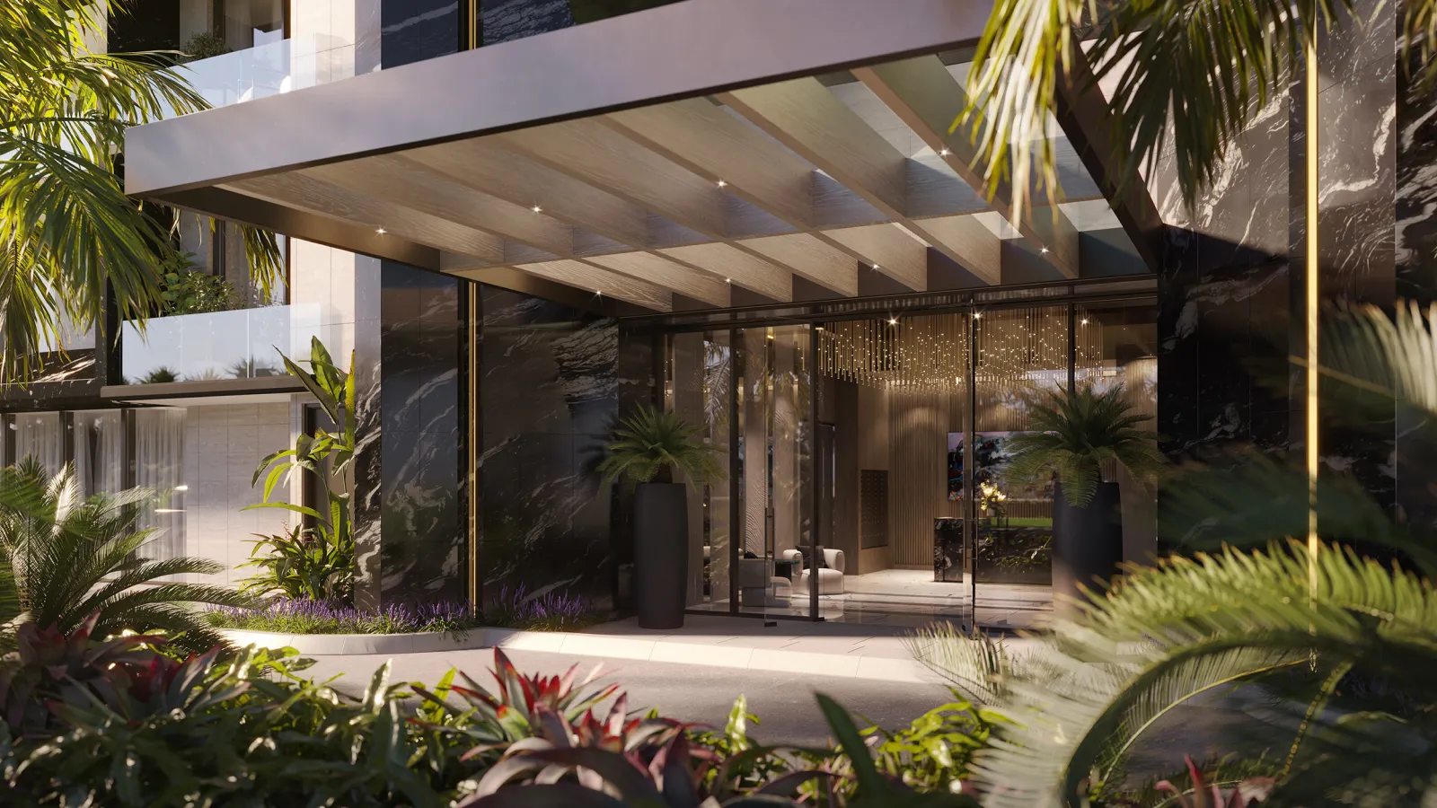 Rendering of Bay Harbor Towers landscaped arrival courtyard leading to the lobby with trees and greenery in Bay Harbor Island, Miami, Florida.