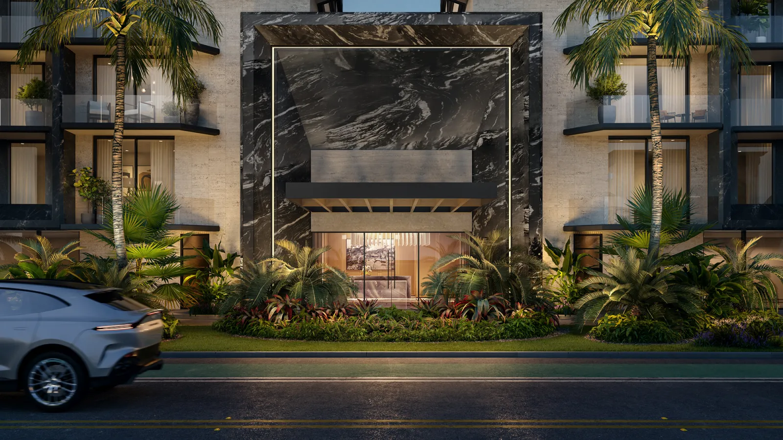 Rendering of Bay Harbor Towers entry facade with glass balconies and lobby entrance in Bay Harbor Island, Miami, Florida.