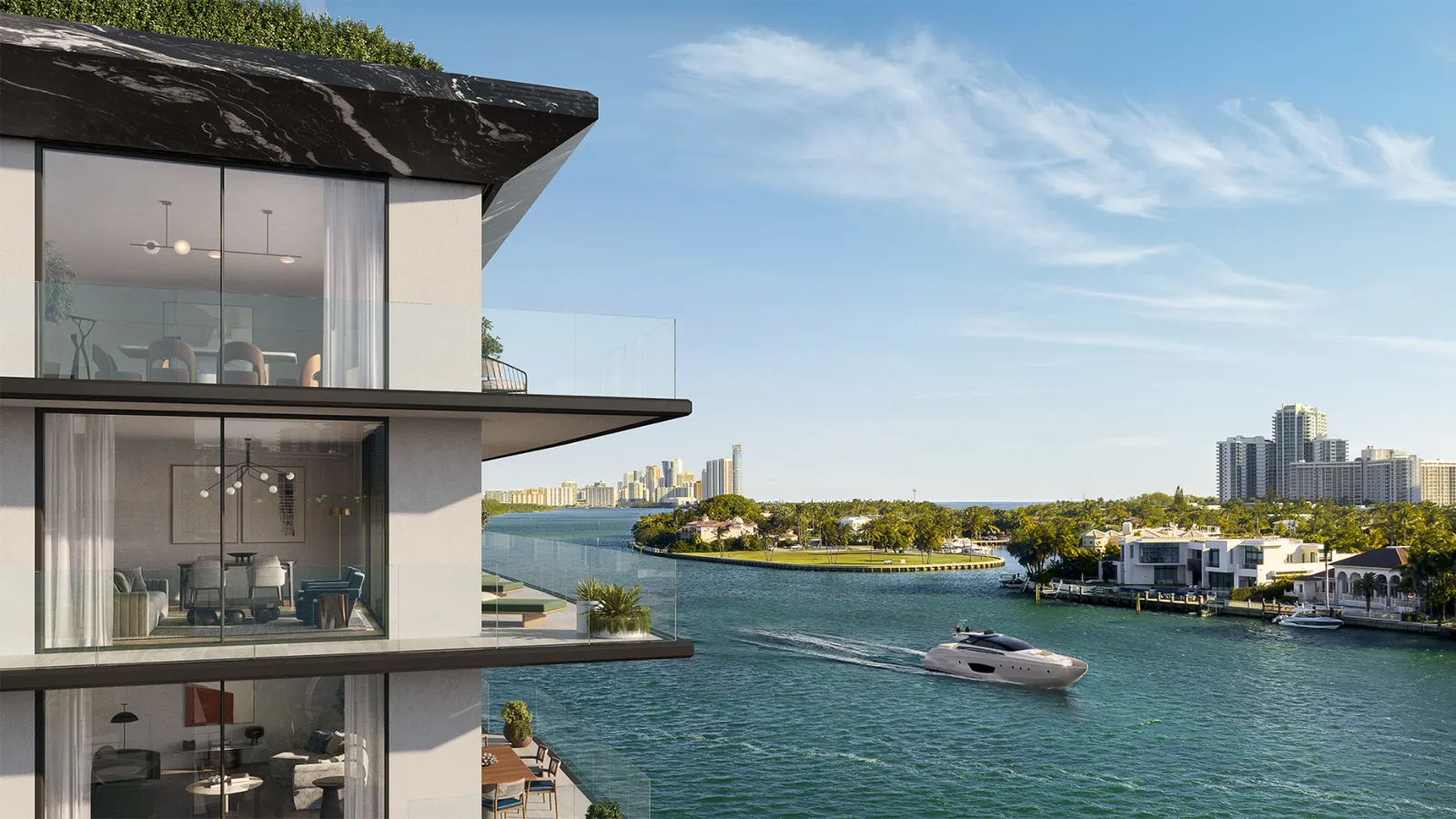 Aerial rendering of Bay Harbor Towers showing balconies and Biscayne Bay views in Bay Harbor Island, Miami, Florida.