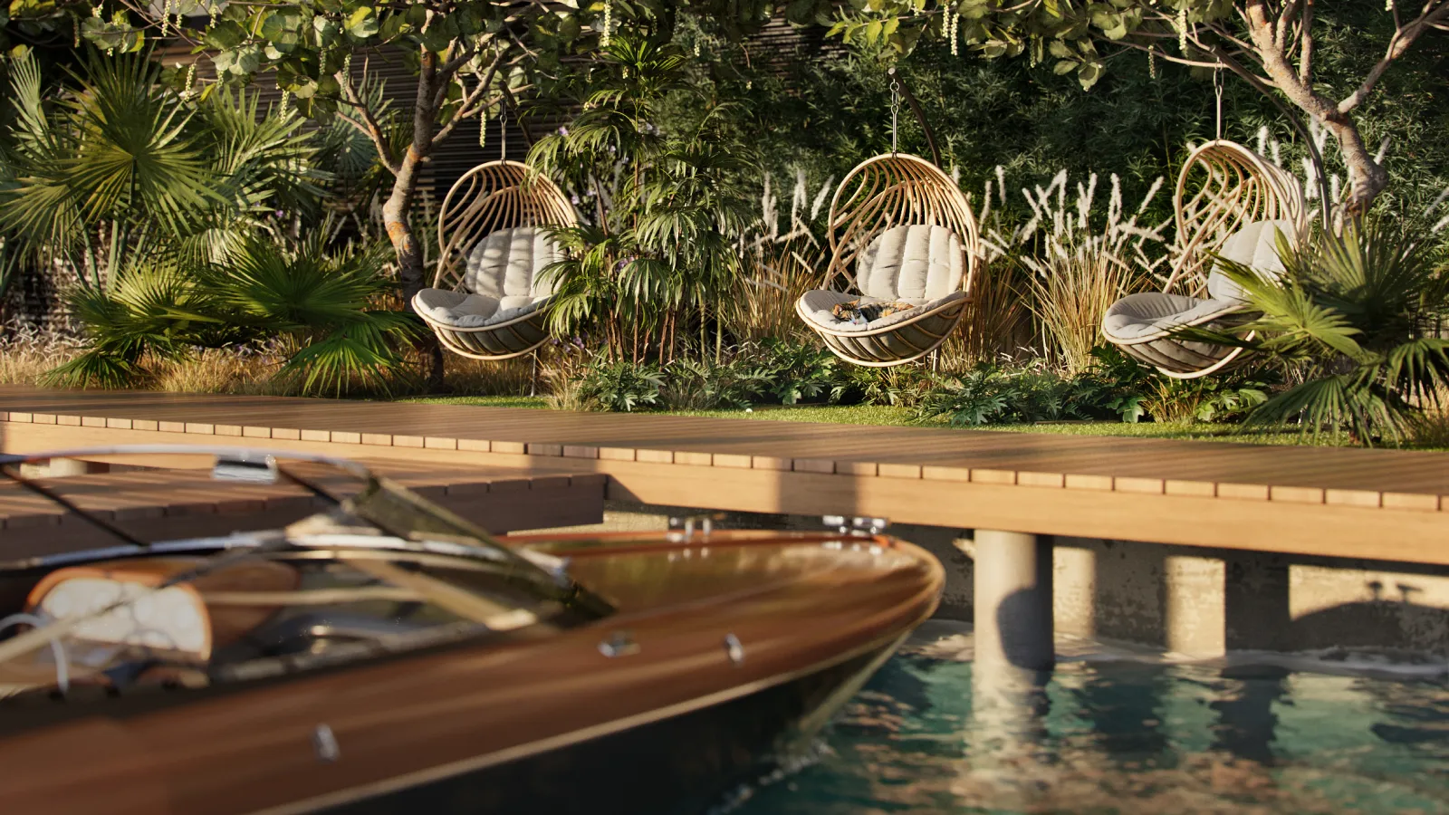 Waterfront rendering of Bay Harbor Towers dock with lounge chairs and a boat on Biscayne Bay in Bay Harbor Island, Miami, Florida.