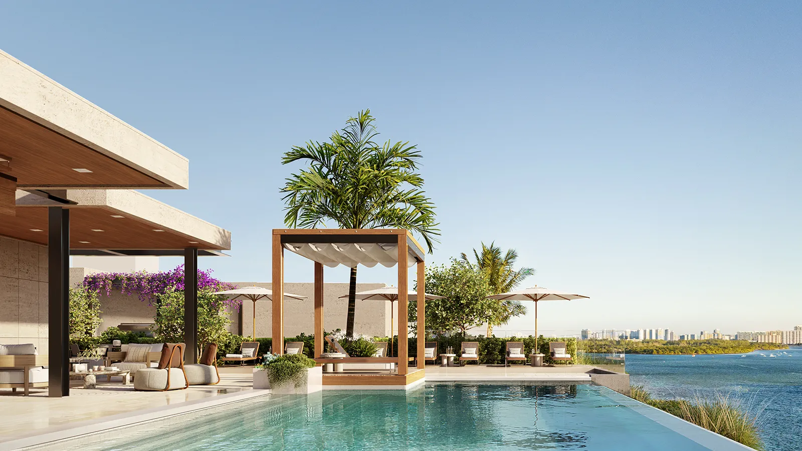 Rendering of Bay Harbor Towers infinity-edge pool with cabana lounge overlooking Biscayne Bay in Bay Harbor Island, Miami, Florida.