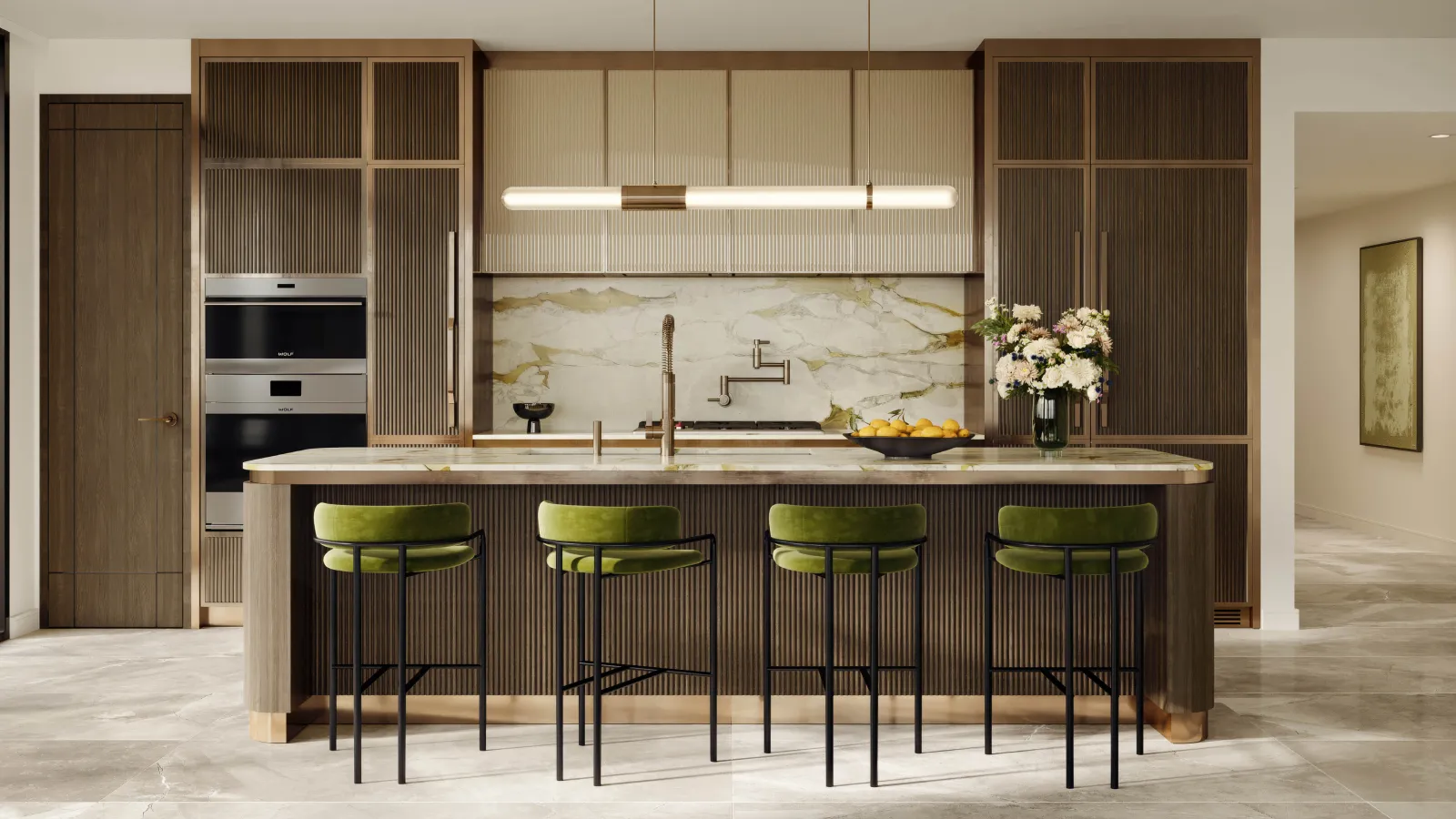 Interior rendering of Bay Harbor Towers kitchen with marble island and wood cabinetry in Bay Harbor Island, Miami.