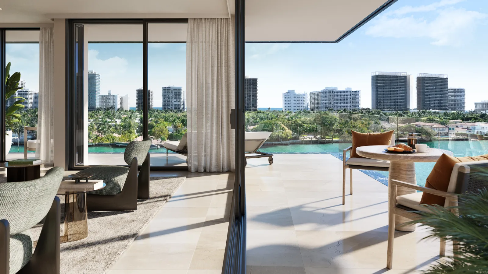 Interior rendering of Bay Harbor Towers living room and terrace overlooking Biscayne Bay in Bay Harbor Island, Miami.