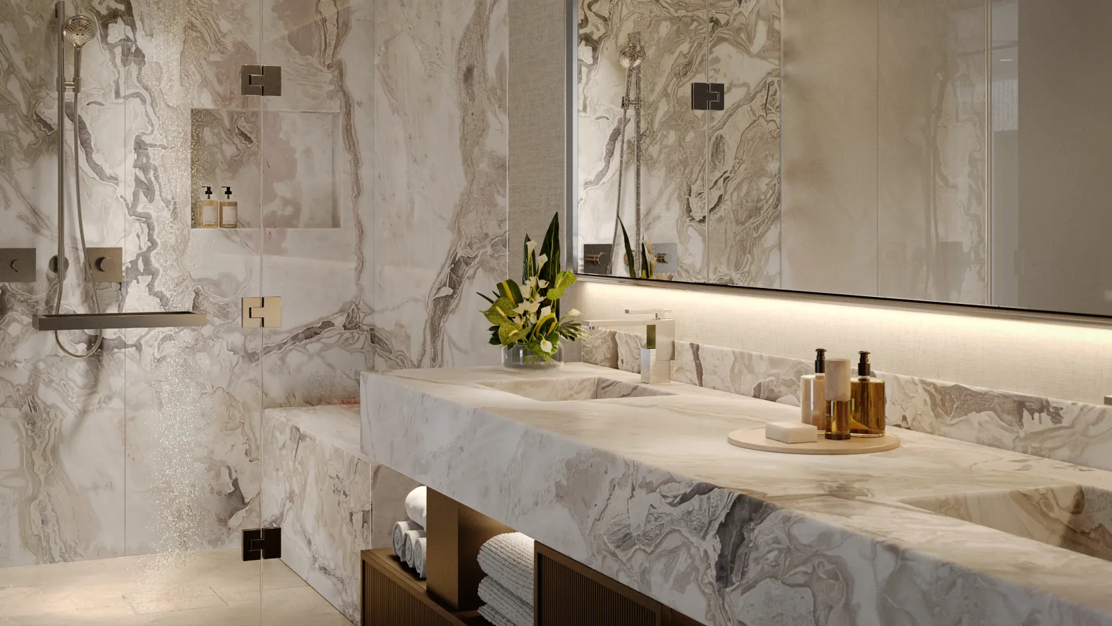 Interior rendering of Bay Harbor Towers bathroom with marble vanity and glass shower in Bay Harbor Island, Miami.