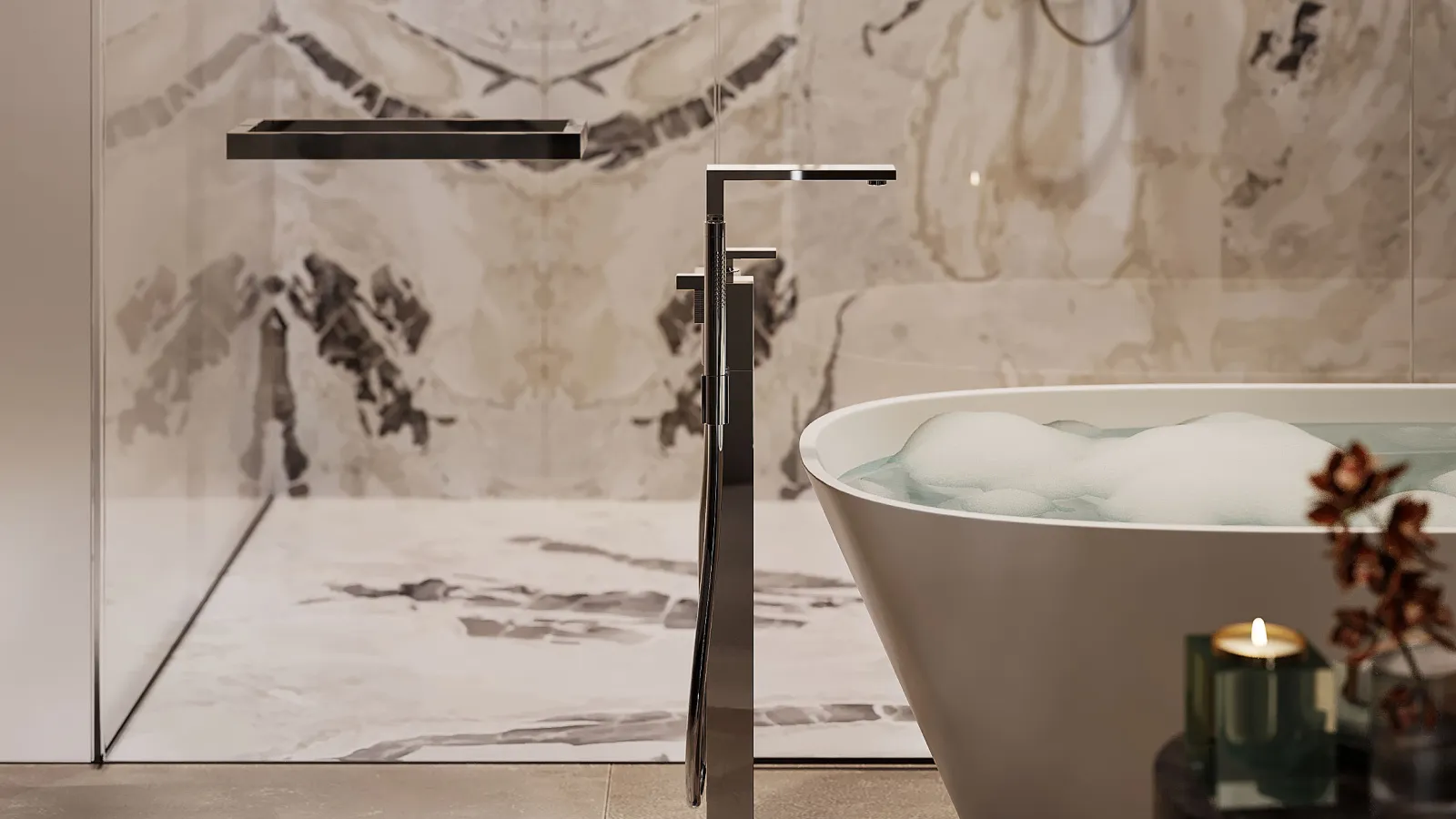 Interior rendering of Bay Harbor Towers bathroom with freestanding tub and marble walls in Bay Harbor Island, Miami.