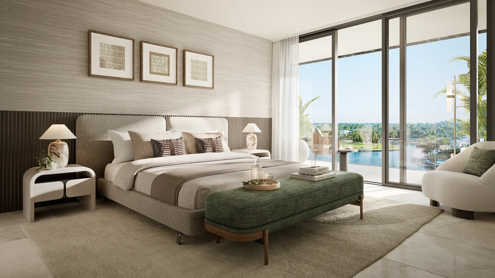 Interior rendering of Bay Harbor Towers bedroom with floor-to-ceiling windows in Bay Harbor Island, Miami.