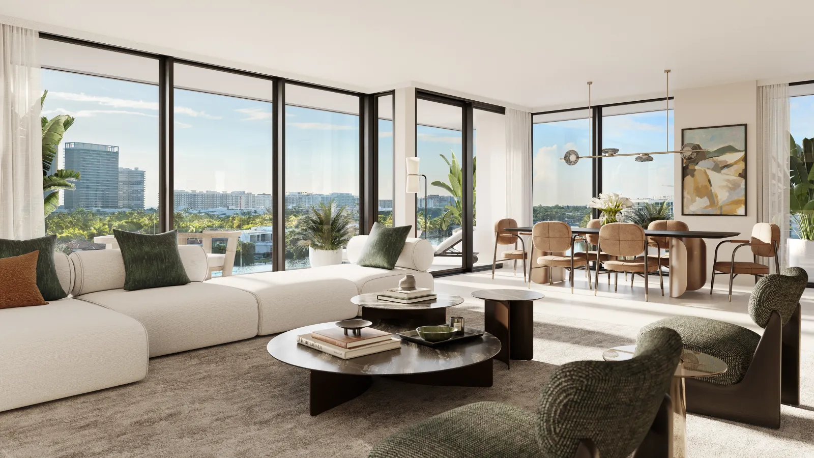 Interior rendering of Bay Harbor Towers living and dining area with floor-to-ceiling windows in Bay Harbor Island, Miami.