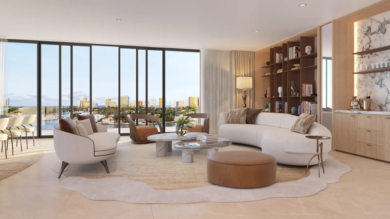 Interior rendering of Bay Harbor Towers penthouse living room with floor-to-ceiling windows and Biscayne Bay views in Bay Harbor Island, Miami.