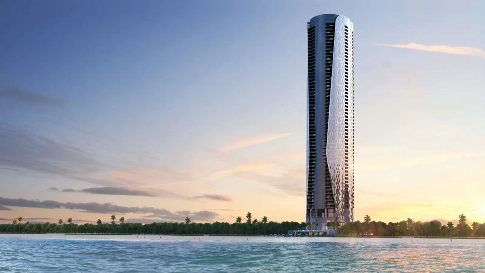 Rendering of Bentley Residences luxury tower at sunset on Sunny Isles Beach with oceanfront views in Miami.