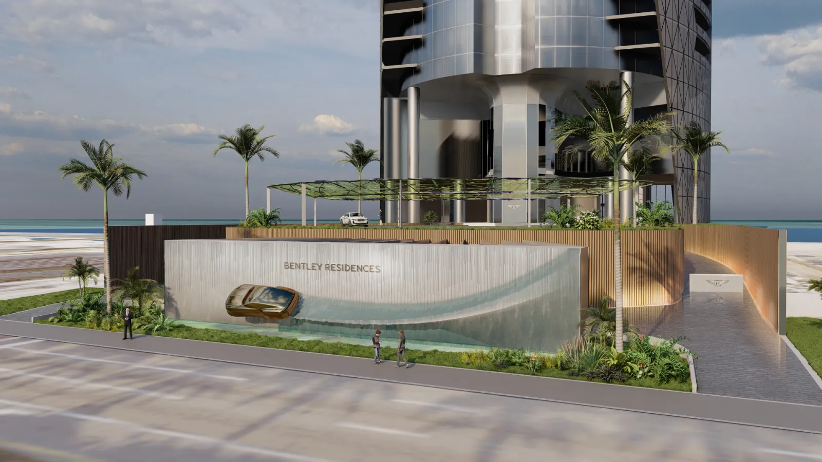 Rendering of Bentley Residences arrival plaza with cascading water wall and luxury entrance in Sunny Isles Beach, Miami.