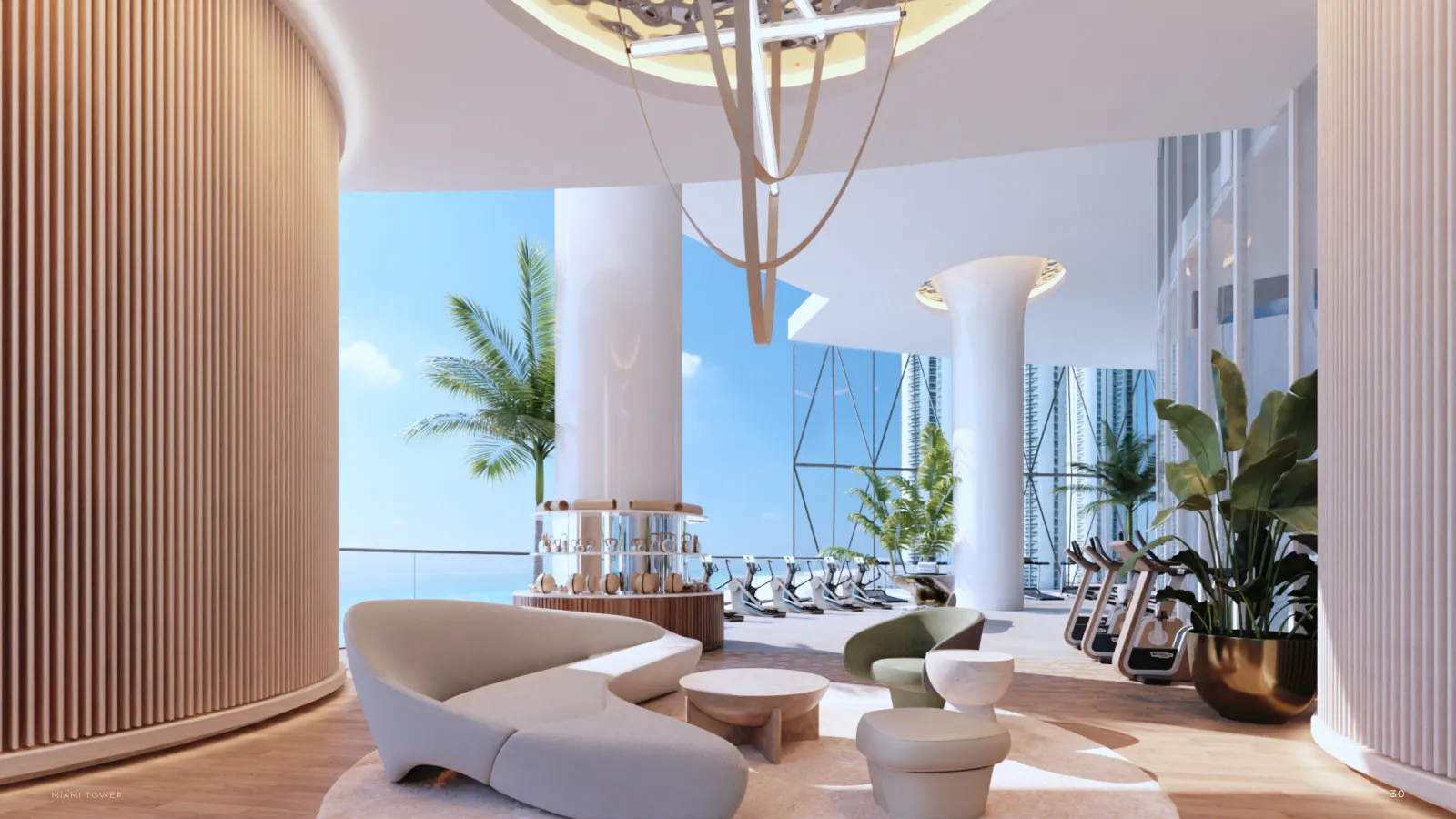 Rendering of the Bentley Residences wellness lounge and fitness area with ocean views in Sunny Isles Beach, Miami.