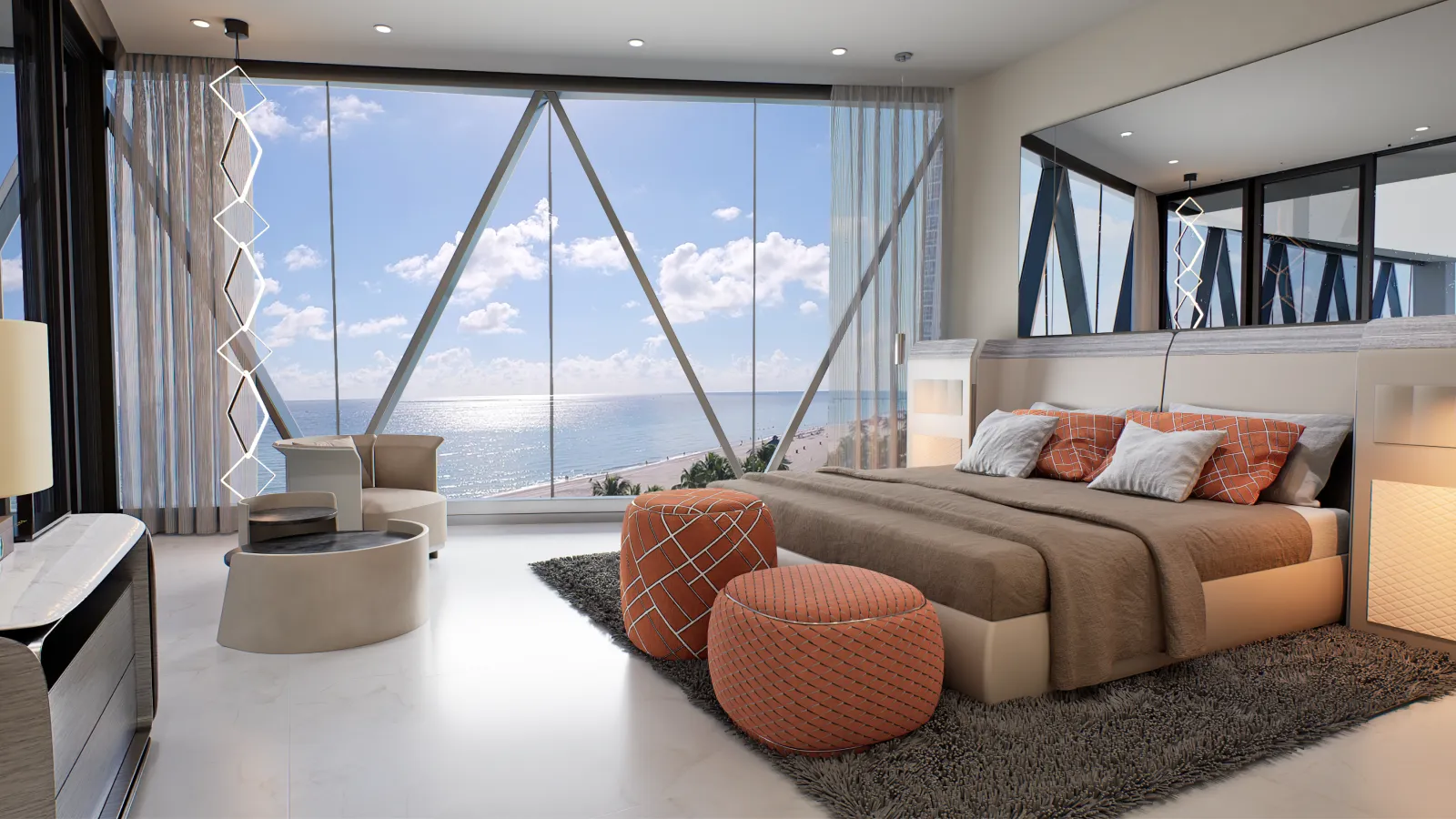 Luxury master bedroom with floor-to-ceiling windows and ocean views at Bentley Residences Sunny Isles.