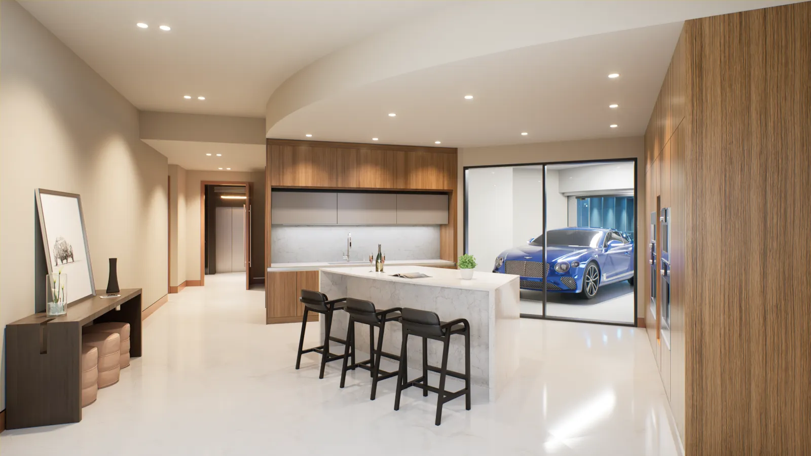 Modern kitchen with marble island and direct garage access inside a residence at Bentley Residences Sunny Isles.