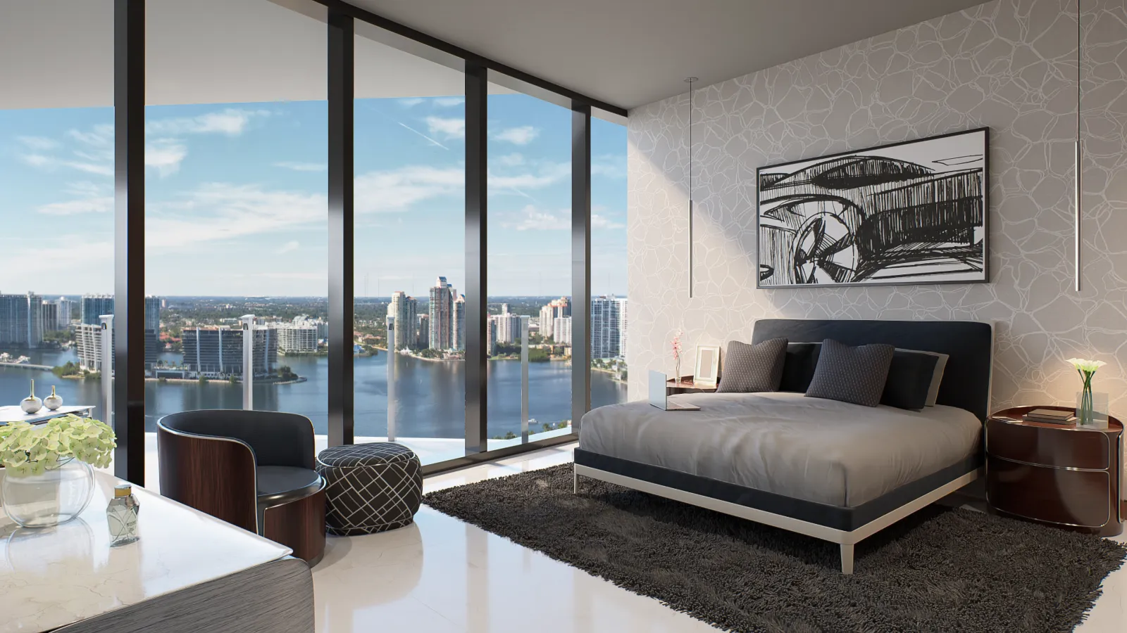 Elegant bedroom with panoramic views of the water and city skyline at Bentley Residences Sunny Isles.