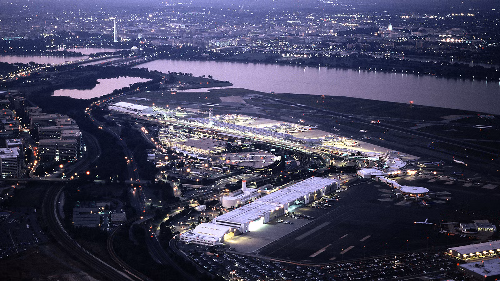 Aerial View of Airport at night with lights shining