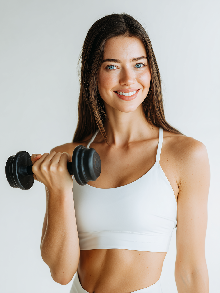 Fit woman with long straight dark hair and blue eyes smiling while holding a black dumbbell in exercise pose.