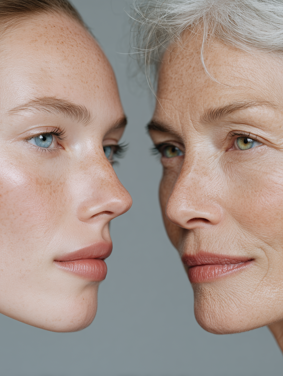 Close-up of two women, one younger with blue eyes and freckles, and one older with green eyes and gray hair, facing each other.
