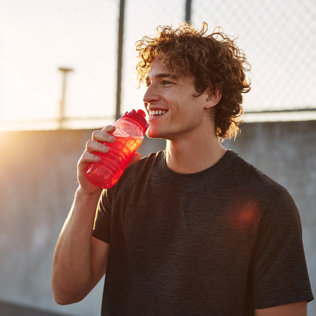 Young man drinking a red health beverage