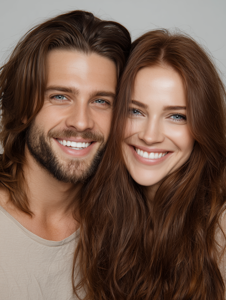 Close-up of a smiling man with long hair and beard next to a smiling woman with long brown hair.