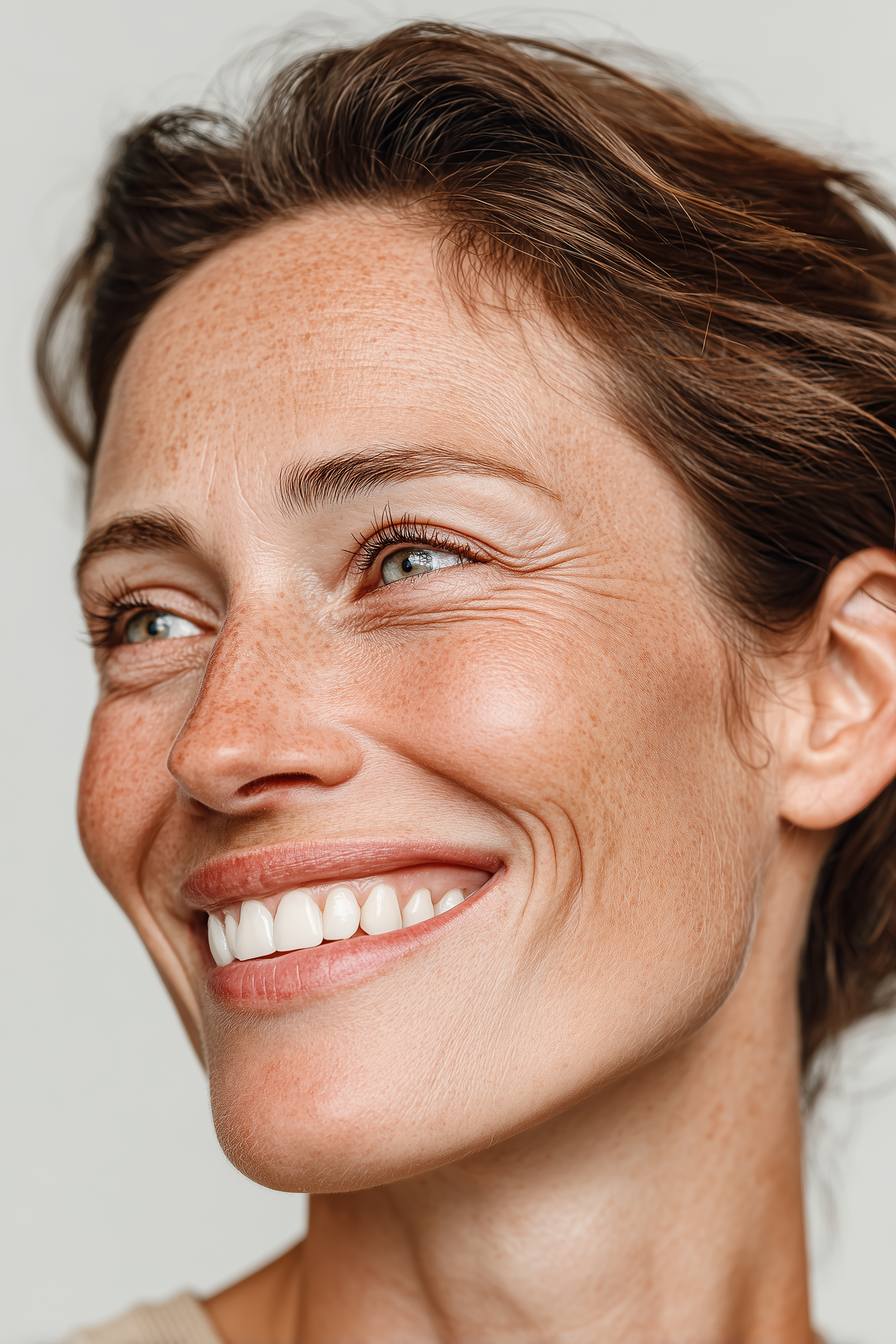 Close-up of a smiling woman with freckles, light blue eyes, and brown hair swept back.
