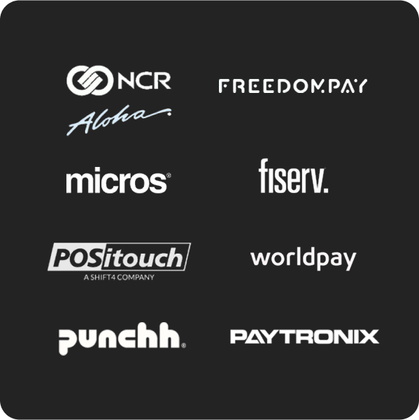 Logos of payment and POS companies including NCR, FreedomPay, Aloha, micros, fiserv, POSitouch, worldpay, punchh, and PAYTRONIX on a black background.
