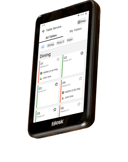 Ziosk tabletop device screen showing a restaurant table service app with dining section tables and their statuses.