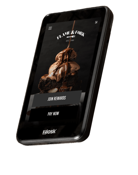 Ziosk dining table tablet displaying a dessert with chocolate sauce and options to join rewards or pay now at Flame & Fork.