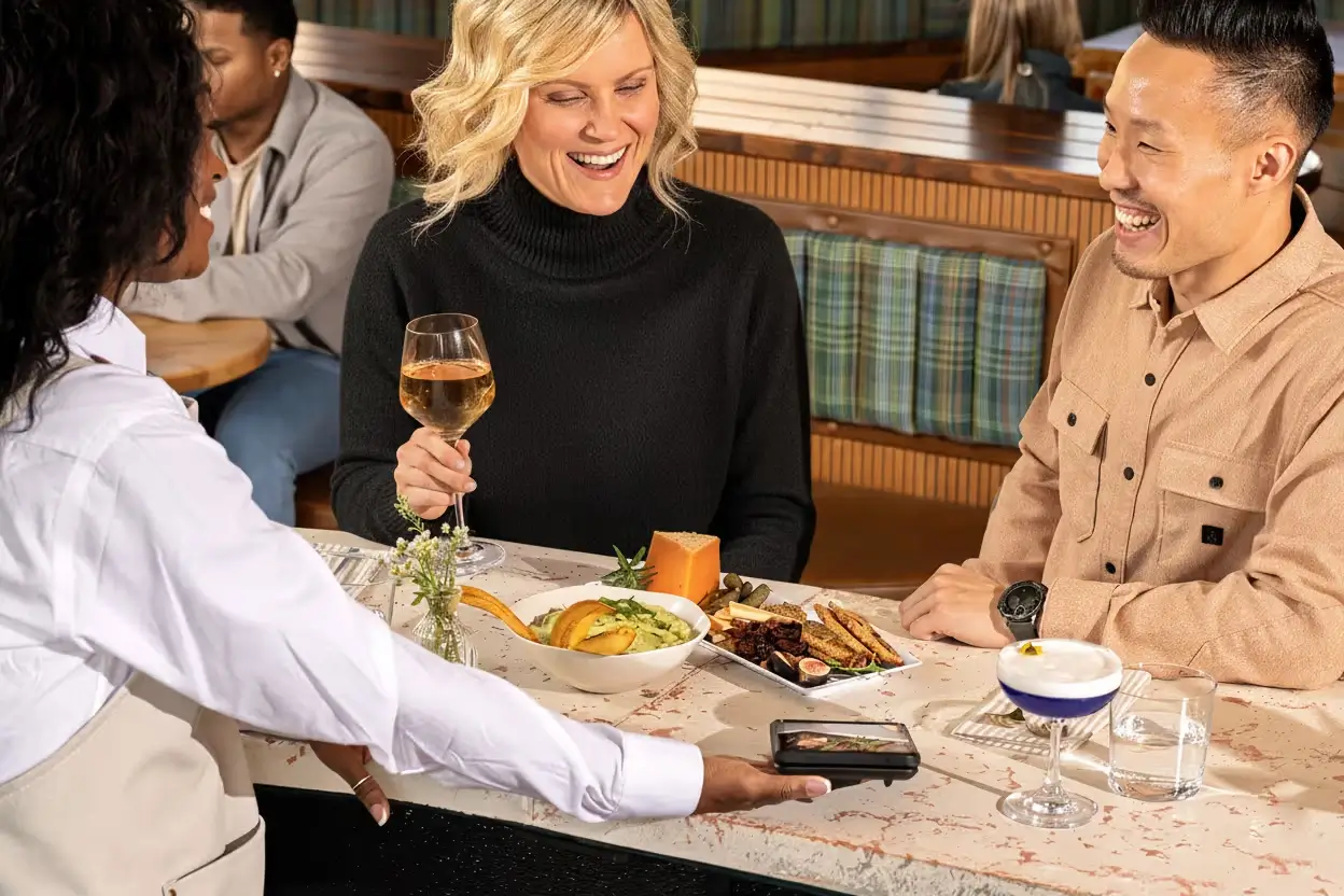 A restaurant server holding a payment terminal towards a smiling couple seated at a table with food and drinks.