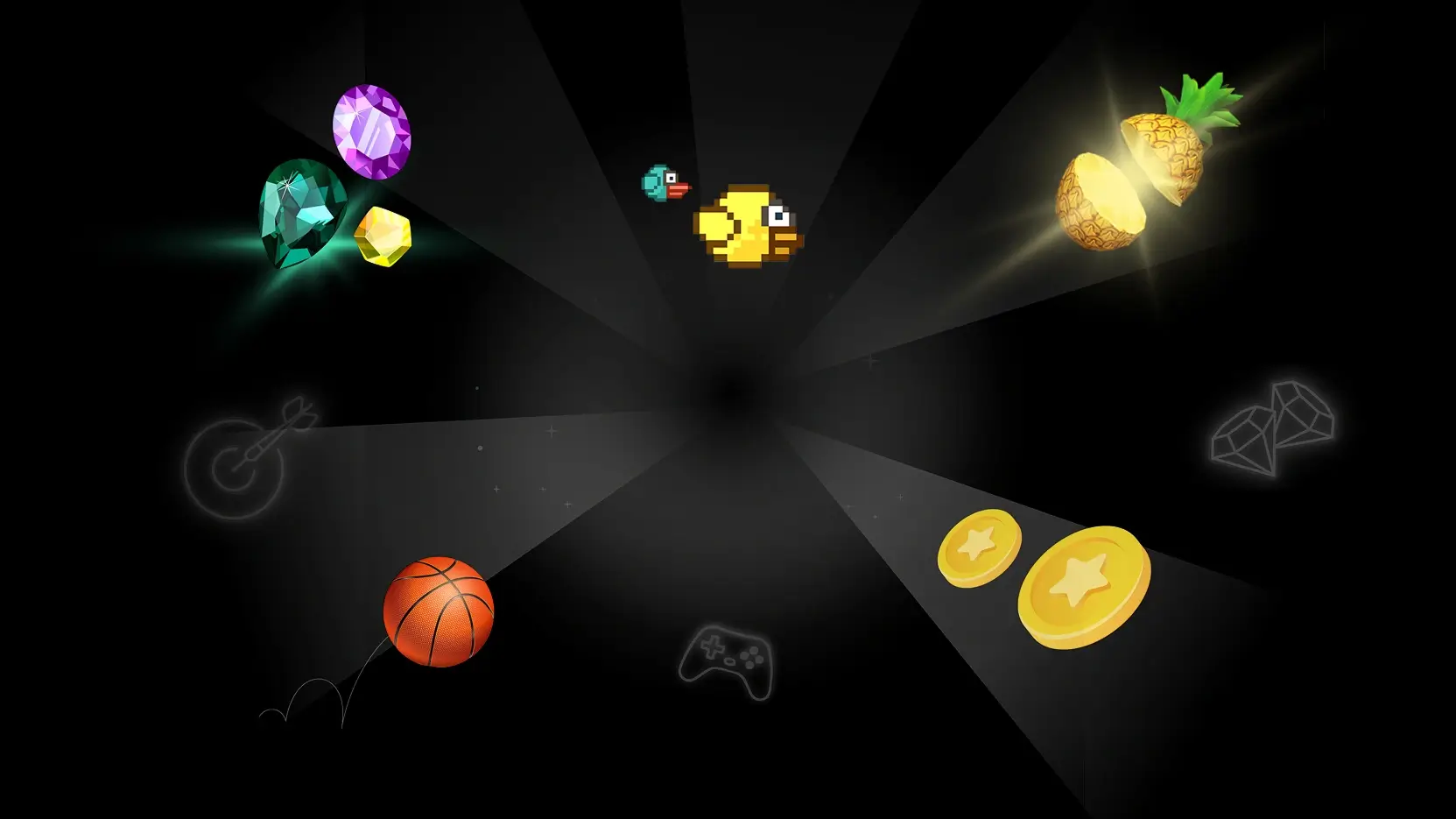 Pixelated yellow and blue birds centered, surrounded by colorful gems, a sliced glowing pineapple, gold coins, and a bouncing basketball on a dark background.