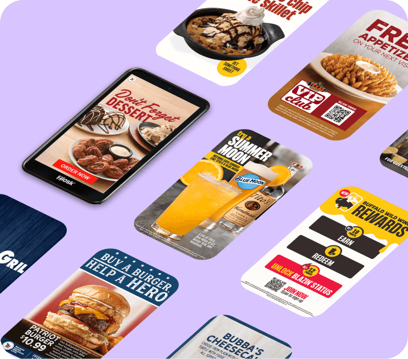Smartphone screen and cards showing various food and drink promotions including desserts, appetizers, burgers, and rewards.
