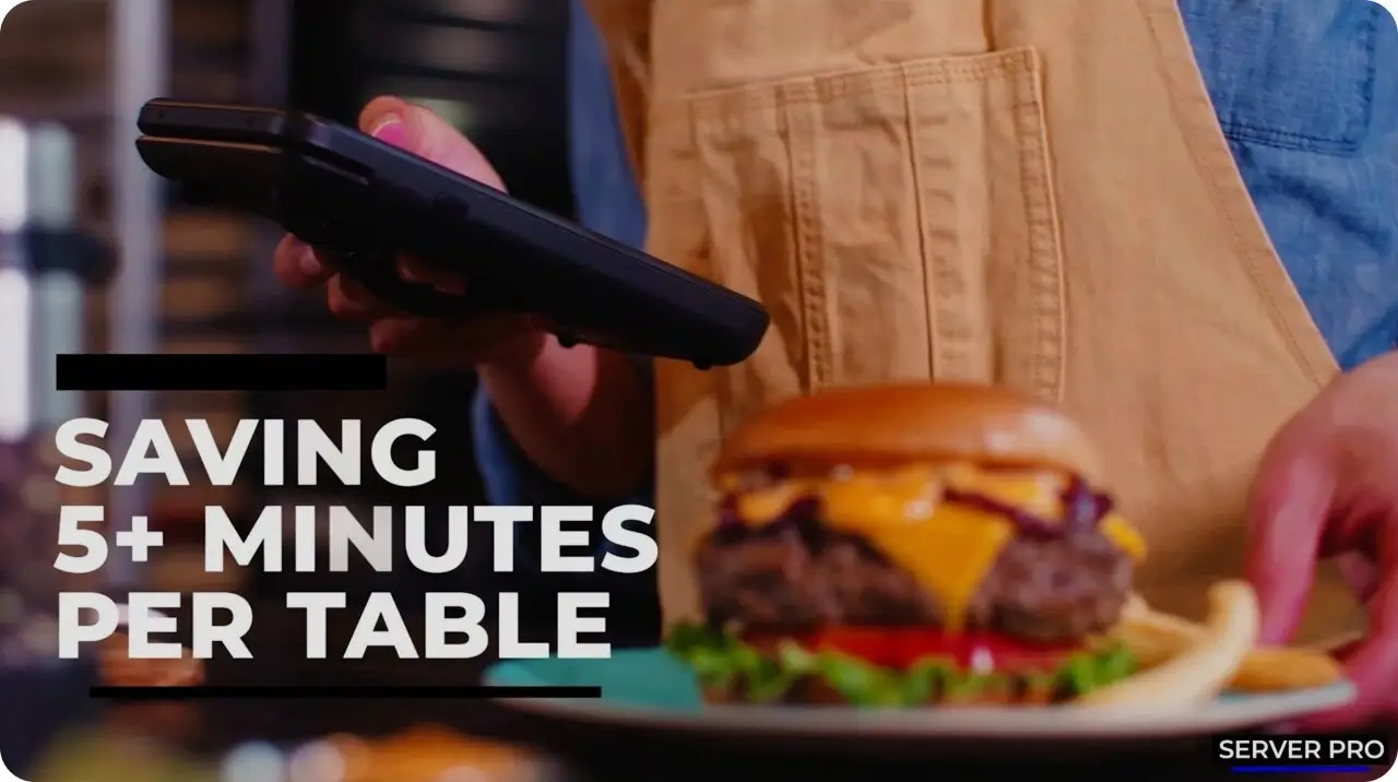 Person in a tan apron holding a payment device over a plate with a cheeseburger and fries, with text that reads 'Saving 5+ minutes per table'.