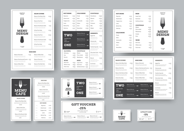set of menus for cafes and restaurants
