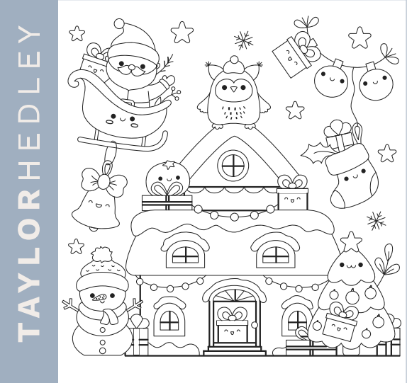 Black and white Christmas-themed coloring page featuring a smiling snowman, Santa in a sleigh, an owl on a snowy house roof, decorated Christmas tree, gifts, ornaments, and festive stars and snowflakes.