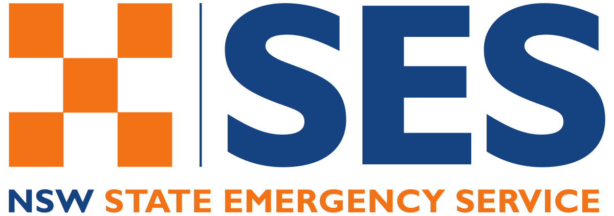 Logo of NSW State Emergency Service with an orange grid symbol and blue and orange text.