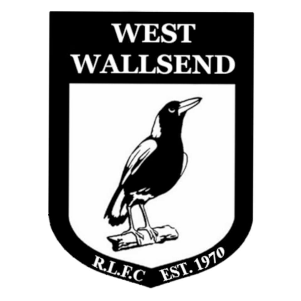 Black and white logo of West Wallsend Rugby League Football Club established in 1970, featuring a bird perched on a branch.