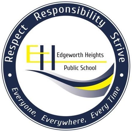 Logo of Edgeworth Heights Public School with the motto 'Respect Responsibility Strive Everyone, Everywhere, Every Time' encircling stylized letters EH and a curved blue and yellow design.
