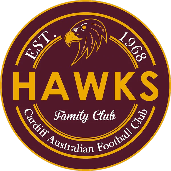 Circular logo with a hawk head and text reading EST. 1968, HAWKS Family Club, Cardiff Australian Football Club on a maroon background with gold accents.