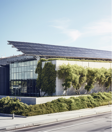 Modern building with solar panels and green elements.