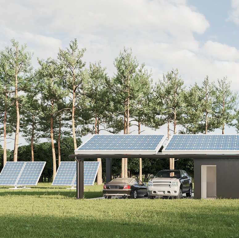 Solar carport with cars and additional solar panels in a grassy area with trees.
