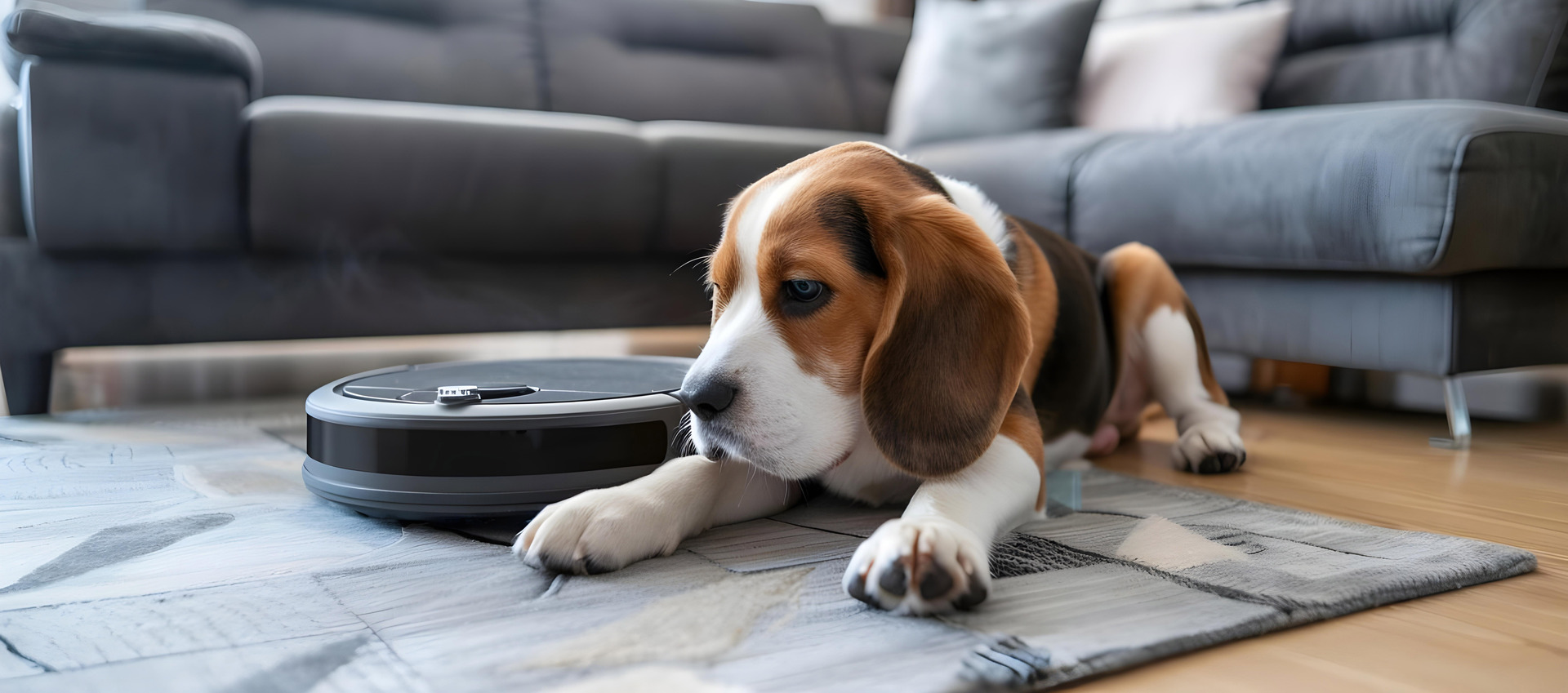 a beagle puppy lies on the living room carpet beside a robot vacuum