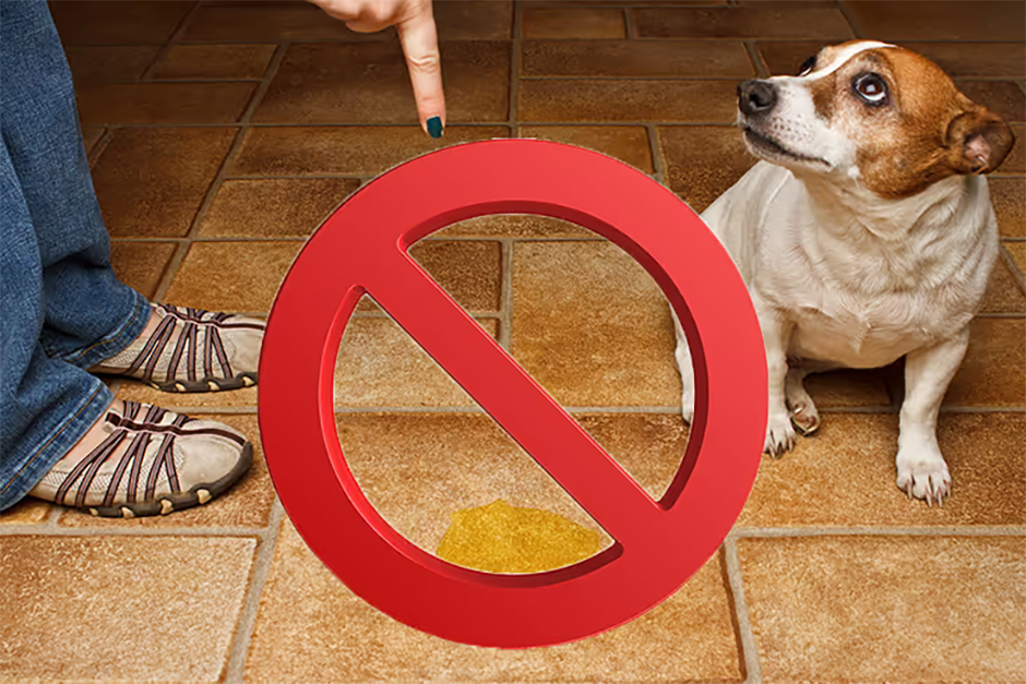 A puppy crouches beside a puddle of pee while a woman points to that as if to scold the puppy. A halt sign is pasted on top of the picture to reinforce the scold message.